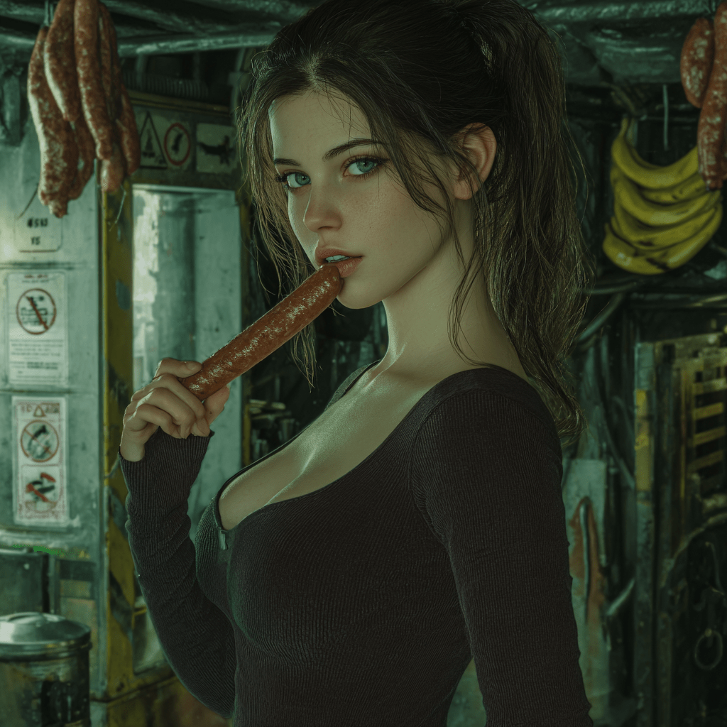 Eine junge Frau steht in ruhiger Bewegung in einer scheinbar normalen Umgebung, während im Hintergrund Warnsymbole und Kontrollstrukturen alltäglich geworden sind – Symbol für den normalisierten Ausnahmezustand.