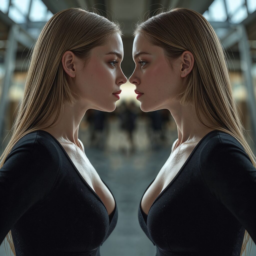 Zwei junge Frauen spiegeln Haltung und Bewegung einander in einem öffentlichen Raum – Symbol für emotionale Synchronisierung und manipulativen Vertrauensaufbau.
