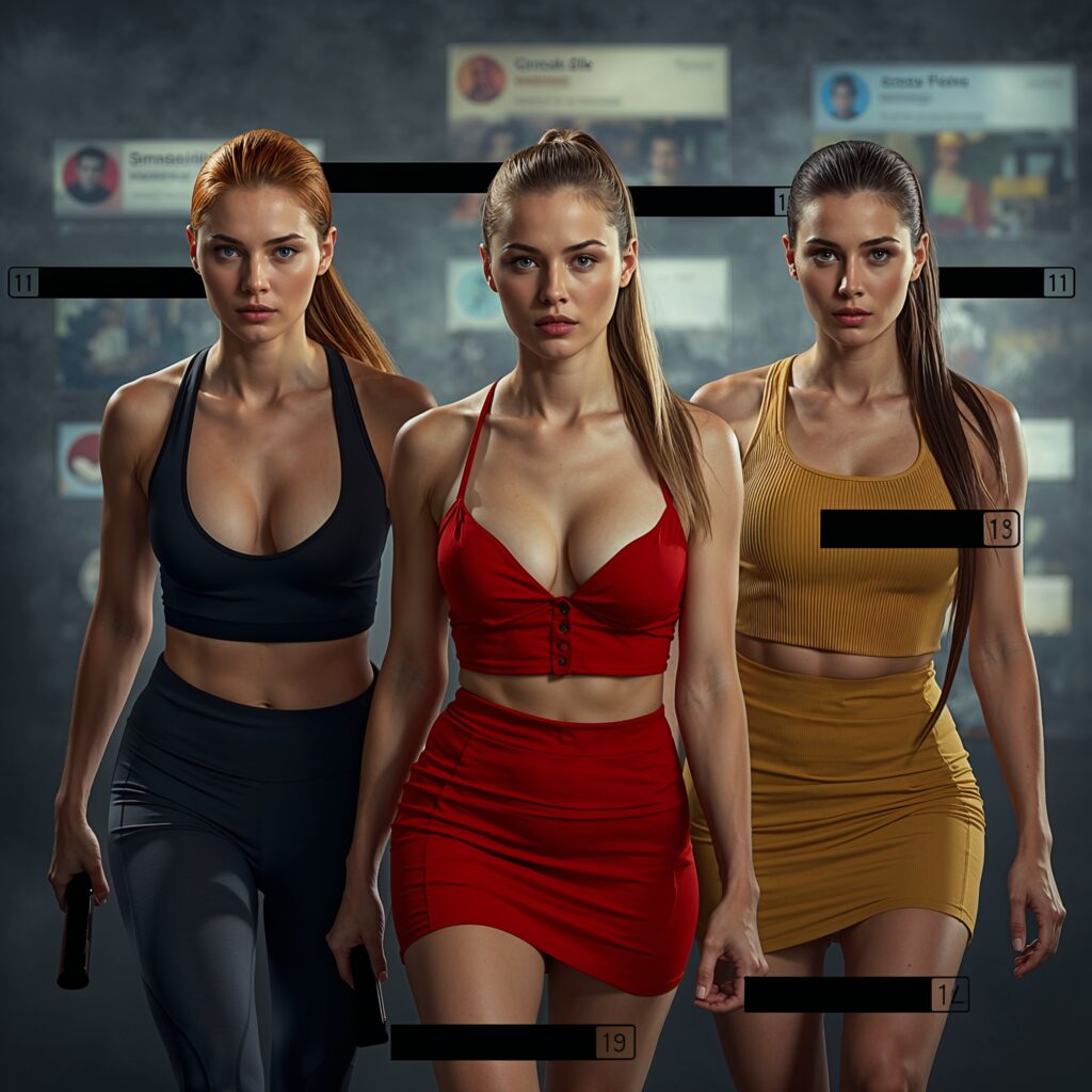 Zensur 2 Drei junge Frauen stehen unter dem Einfluss unsichtbarer Plattformregeln, während Inhalte im Hintergrund verblassen – Darstellung von Shadowbanning und Plattformmacht.